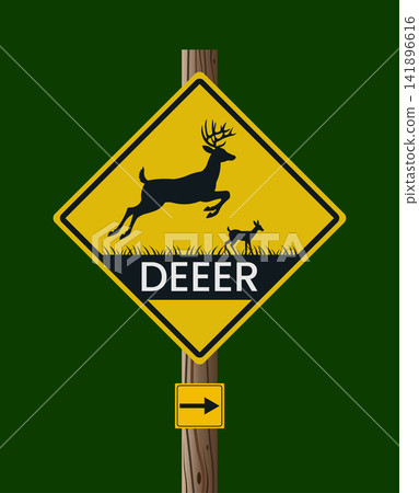 Deer crossing road sign with directional arrow crossing wildlife transportati Deer crossing road sign with directional arrow crossing wildlife transportati 141896616