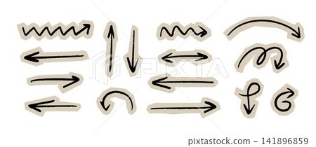 Scrapbook arrow paper sticker collection. Cut out collage direction element set. Hand drawn crayon doodle arrows bundle. Craft grunge brush stroke pointer pack for diy zine, poster, banner. Vector 141896859