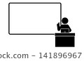 A pictogram of a person giving a presentation using a laptop. 141896967