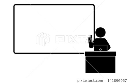 一個人物正在使用筆記型電腦進行演示的象形圖。 一個人物正在使用筆記型電腦進行演示的象形圖。 141896967