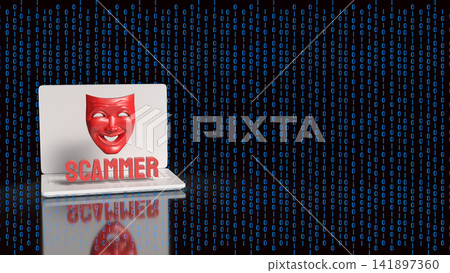 Cyber Scammer Mask Emerging From Laptop Screen 3d render. Cyber Scammer Mask Emerging From Laptop Screen 3d render. 141897360