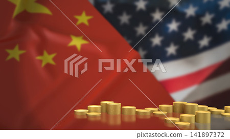 Gold Coins Between China and United States Economic Powers 3d render 141897372