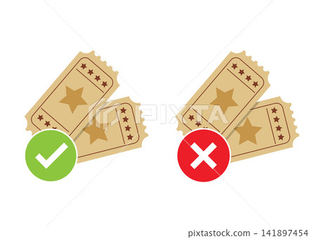 two event tickets with checkmark and cross mark symbols for choice option two event tickets with checkmark and cross mark symbols for choice option 141897454