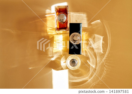 Functional mood fragrance bottles catching golden light Functional mood fragrance bottles catching golden light 141897581