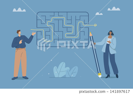 Complex problem solving skills, Businessman holding a big pencil showing how to solve a maze, Solving complex business problems, Intelligence and the ability to overcome difficulties. Complex problem solving skills, Businessman holding a big pencil showing how to solve a maze, Solving complex business problems, Intelligence and the ability to overcome difficulties. 141897617
