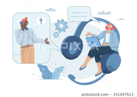 Customer services and support, Consultant or suggestions, Hotline, Customers ask for advice, Female officer answers the phone and gives online customer consultation via laptop. Vector design. Customer services and support, Consultant or suggestions, Hotline, Customers ask for advice, Female officer answers the phone and gives online customer consultation via laptop. Vector design. 141897621