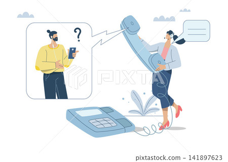 A female officer answers the phone and provides online customer consultation. Hotline, Customer Feedback, Help and support services, advice or suggestions. Vector design illustration. A female officer answers the phone and provides online customer consultation. Hotline, Customer Feedback, Help and support services, advice or suggestions. Vector design illustration. 141897623