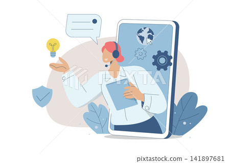 Customer service provides online consultation via phone app, Call center, Technical support or customer service, Communication between service and customers with mobile. Vector illustration. Customer service provides online consultation via phone app, Call center, Technical support or customer service, Communication between service and customers with mobile. Vector illustration. 141897681
