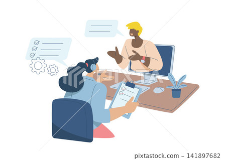 Online job interview concept, Selection or search process for new employees, Recruitment and employment, HR managers interview job applicants via video call. Vector illustration. Online job interview concept, Selection or search process for new employees, Recruitment and employment, HR managers interview job applicants via video call. Vector illustration. 141897682