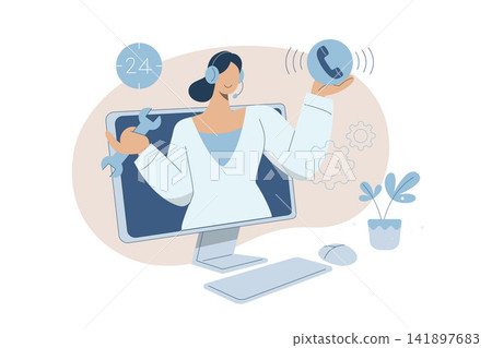 Technical support or customer service, Hotline 24 hours service, Online customer consultation or feedback, Woman wearing headphones holding a wrench and helping customers solve problems. Technical support or customer service, Hotline 24 hours service, Online customer consultation or feedback, Woman wearing headphones holding a wrench and helping customers solve problems. 141897683