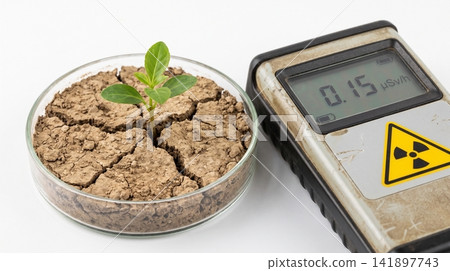 Geiger counter measuring radiation on cracked earth with radiation environment pollution measurement contaminated triangle survival disaster monitoring analysis 141897743