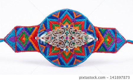 Handmade colorful woven bracelet with ornate metal embellishment bracelet handmade embellishment intricate colorful accessory wristband detailed wearable fashionable decoration adornment Handmade colorful woven bracelet with ornate metal embellishment bracelet handmade embellishment intricate colorful accessory wristband detailed wearable fashionable decoration adornment 141897873
