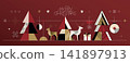 Abstract geometric Merry Christmas banner red background modern retro style 141897913