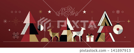 Abstract geometric Merry Christmas banner red background modern retro style Abstract geometric Merry Christmas banner red background modern retro style 141897913