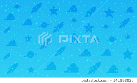 Abstract Bright Cloud, Rocket, Star and Planet Cartoon on Blue Sky Background. Cosmic display wall illustration. Vector seamless texture for interior, decorative, banner, cover, card. Abstract Bright Cloud, Rocket, Star and Planet Cartoon on Blue Sky Background. Cosmic display wall illustration. Vector seamless texture for interior, decorative, banner, cover, card. 141898023