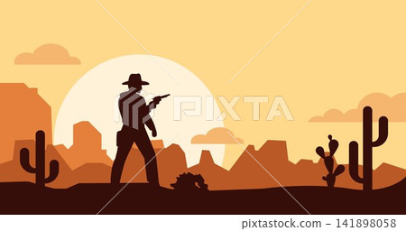 Cowboy using gun at sunset silhouette background. Western landscape decorative vector illustration. Cowboy using gun at sunset silhouette background. Western landscape decorative vector illustration. 141898058