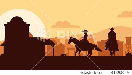 Cowboy riding horses at sunset with countryside silhouette background. Western landscape decorative vector illustration. Cowboy riding horses at sunset with countryside silhouette background. Western landscape decorative vector illustration. 141898059