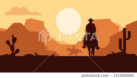 Cowboy riding horses at sunset silhouette background. Western landscape decorative vector illustration. Cowboy riding horses at sunset silhouette background. Western landscape decorative vector illustration. 141898060