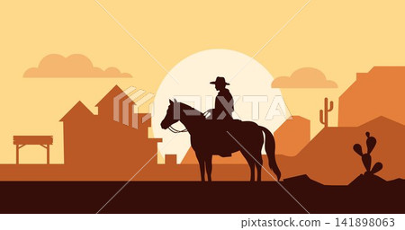 Cowboy riding horses at sunset with countryside silhouette background. Western landscape decorative vector illustration. 141898063
