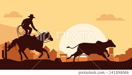 Cowboy chasing cow with rope silhouette background. Cowboy riding horse in town field with sunset. Country rodeo event. Vector illustration poster design template 141898066