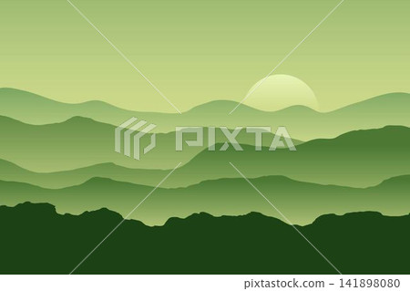 Mountains and ridge panorama silhouette background. Beautiful hills scenery. Morning ridge landscape illustration. 141898080
