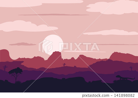 Sunset desert landscape silhouette background. Panoramic view of western cactus and mountain layers. Sunset desert landscape silhouette background. Panoramic view of western cactus and mountain layers. 141898082