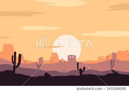 Sunset desert panoramic silhouette background. Panoramic view of cactus and mountain layers. Monument Valley landscape on a summer evening. Sunset desert panoramic silhouette background. Panoramic view of cactus and mountain layers. Monument Valley landscape on a summer evening. 141898088