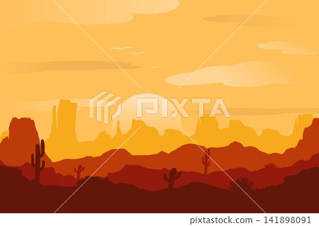 Sunset desert panoramic silhouette background. Panoramic view of cactus and mountain layers. Monument Valley landscape on a summer evening. Sunset desert panoramic silhouette background. Panoramic view of cactus and mountain layers. Monument Valley landscape on a summer evening. 141898091