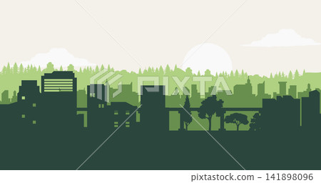 Green City Skyline Silhouette Illustration. Trees Eco Urban Landscape Vector Background. Architecture and Environmental. Seamless composition isolated on white background Green City Skyline Silhouette Illustration. Trees Eco Urban Landscape Vector Background. Architecture and Environmental. Seamless composition isolated on white background 141898096