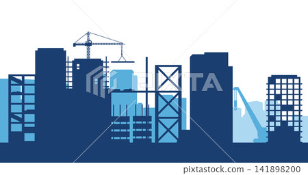 Urban Construction Site Silhouette. Modern Industrial Landscape. Tower Cranes and High Rise Building Vector Background Urban Construction Site Silhouette. Modern Industrial Landscape. Tower Cranes and High Rise Building Vector Background 141898200
