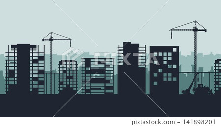 Construction City Skyline Silhouette. Tower Cranes and Urban Development Vector Background Construction City Skyline Silhouette. Tower Cranes and Urban Development Vector Background 141898201