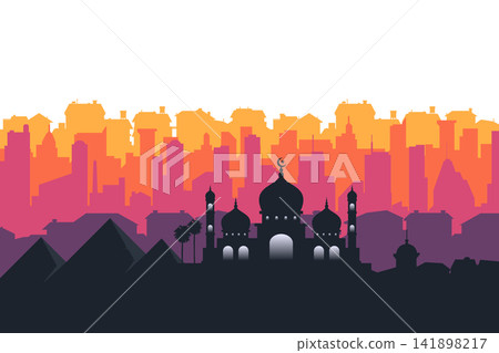 Egypt Skyline Silhouette. Mosque, Pyramids and urban landscape vector background. Modern cityscape horizontal banner. Egypt Skyline Silhouette. Mosque, Pyramids and urban landscape vector background. Modern cityscape horizontal banner. 141898217