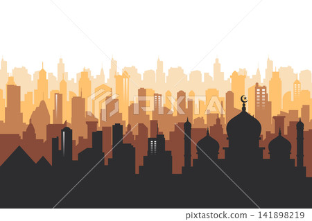 Egypt Skyline Silhouette. Mosque, Pyramids and urban landscape vector background. Modern cityscape horizontal banner. Egypt Skyline Silhouette. Mosque, Pyramids and urban landscape vector background. Modern cityscape horizontal banner. 141898219