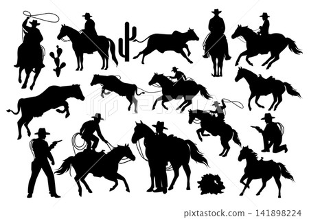 Cowboy and Horse Silhouette Vector Set. Rodeo Ranch and Wild West Elements. Template Illustration Isolated on White Background Cowboy and Horse Silhouette Vector Set. Rodeo Ranch and Wild West Elements. Template Illustration Isolated on White Background 141898224