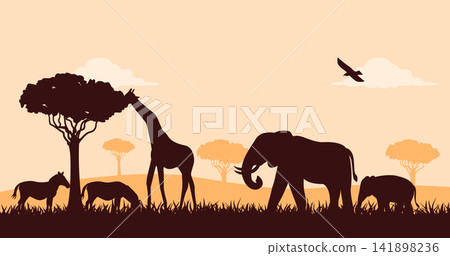 African Wildlife Silhouette Landscape with Safari Animals Scenery Vector Background African Wildlife Silhouette Landscape with Safari Animals Scenery Vector Background 141898236