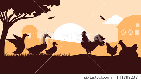 Farm Poultry Silhouette Landscape with Rooster, Chicken, Duck and Goose Vector Background Farm Poultry Silhouette Landscape with Rooster, Chicken, Duck and Goose Vector Background 141898238