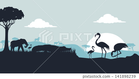 African Wildlife Silhouette Landscape with Elephant Crocodile Flamingo and Savannah Animals Vector Background African Wildlife Silhouette Landscape with Elephant Crocodile Flamingo and Savannah Animals Vector Background 141898239