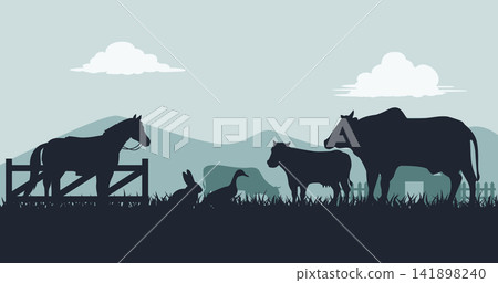 Farm Animal Silhouette Landscape with Horse, Cow, Rabbit, Duck and Rural Countryside Vector Background Farm Animal Silhouette Landscape with Horse, Cow, Rabbit, Duck and Rural Countryside Vector Background 141898240