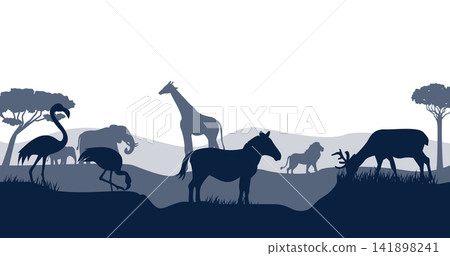 African Wildlife Silhouette with Flamingos, Giraffe, Lion, Zebra, Deer and Elephant Vector Landscape African Wildlife Silhouette with Flamingos, Giraffe, Lion, Zebra, Deer and Elephant Vector Landscape 141898241