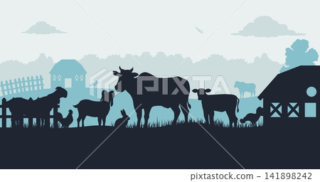 Farm Animal Silhouette Landscape with Cow, Goat, Sheep, Chicken, Rabbit and Barn Vector Background Farm Animal Silhouette Landscape with Cow, Goat, Sheep, Chicken, Rabbit and Barn Vector Background 141898242
