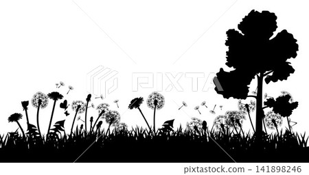 Black Dandelion Meadow Silhouette Vector Isolated on White Background Black Dandelion Meadow Silhouette Vector Isolated on White Background 141898246