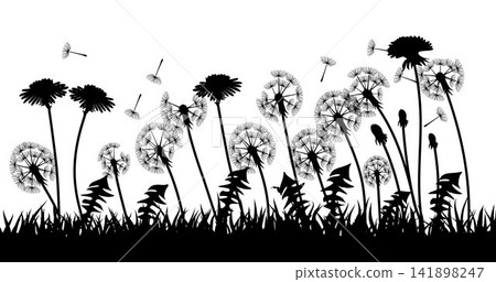 Black Dandelion Meadow Silhouette Vector Isolated on White Background 141898247