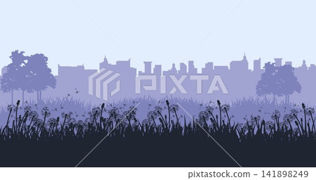 Dandelion Meadow Silhouette Vector Landscape with Urban Skyline Background Dandelion Meadow Silhouette Vector Landscape with Urban Skyline Background 141898249