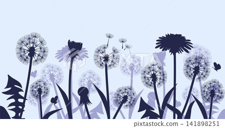 Minimal Dandelion and Wildflower Silhouette Meadow Nature Vector Background. Vector illustration Minimal Dandelion and Wildflower Silhouette Meadow Nature Vector Background. Vector illustration 141898251