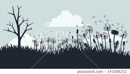 Minimalist Dandelion Meadow Landscape with Bare Tree, Floating Seeds, and Cloudy Sky Nature Vector Background Minimalist Dandelion Meadow Landscape with Bare Tree, Floating Seeds, and Cloudy Sky Nature Vector Background 141898252