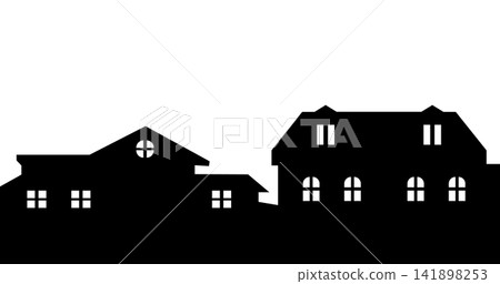 Minimal House Rooftop Silhouette Background. Black cityscape. Group of building in small city. Vector illustration Minimal House Rooftop Silhouette Background. Black cityscape. Group of building in small city. Vector illustration 141898253
