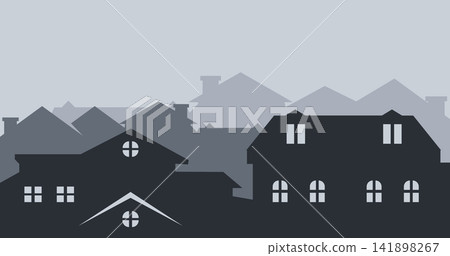 Residential Cityscape Layered Silhouette. Suburban neighborhood scene. Housing vector. Small town view. Seamless composition isolated on white background. Residential Cityscape Layered Silhouette. Suburban neighborhood scene. Housing vector. Small town view. Seamless composition isolated on white background. 141898267