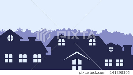 Tropical Coastal Resort Silhouette with Palm Trees and Distant Hills Background. Vector illustration Tropical Coastal Resort Silhouette with Palm Trees and Distant Hills Background. Vector illustration 141898305