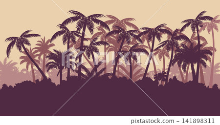 Tropical palm trees panorama silhouette background. Palmeny island view vector illustration. Beautiful beach nature landscape in the evening. Tropical palm trees panorama silhouette background. Palmeny island view vector illustration. Beautiful beach nature landscape in the evening. 141898311