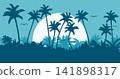 View of tropical palm tree silhouette with sun and and flying birds on blue sky. Summer vacation background. Vector illustration 141898317